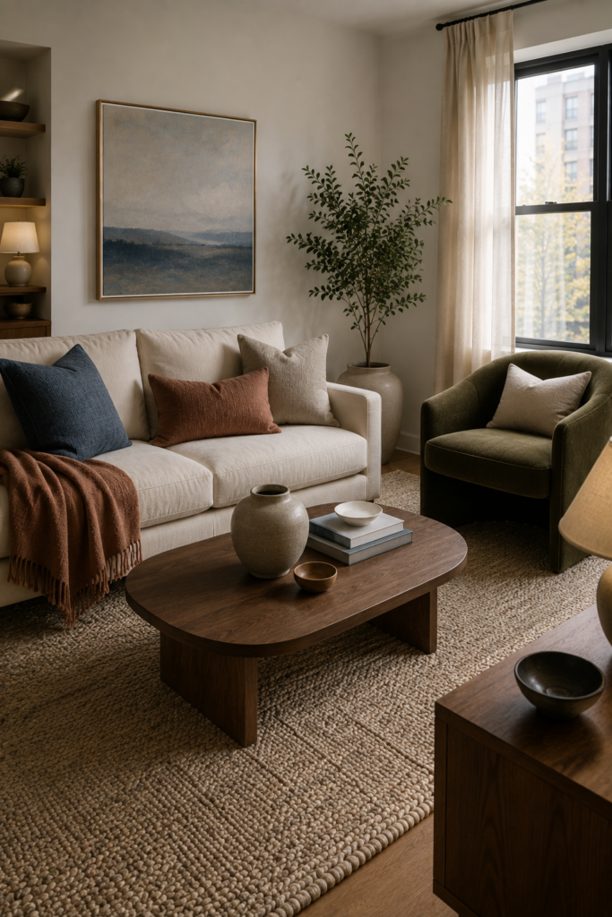 Small apartment living room using olive, terracotta, dusty blue, cream, and walnut accents without visual clutter.