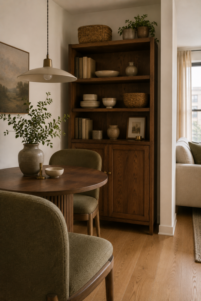 Small apartment dining area with a walnut storage cabinet combining concealed storage, open shelving, baskets, ceramics, and decor.