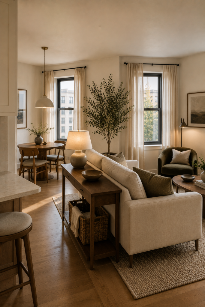Small open-plan apartment using a sofa, rug, console, and plants to visually separate the living and dining areas without walls.