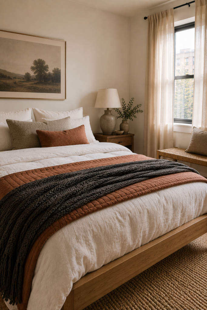 Cozy small apartment bedroom with layered white, terracotta, and charcoal bedding, linen curtains, and natural wood furniture.