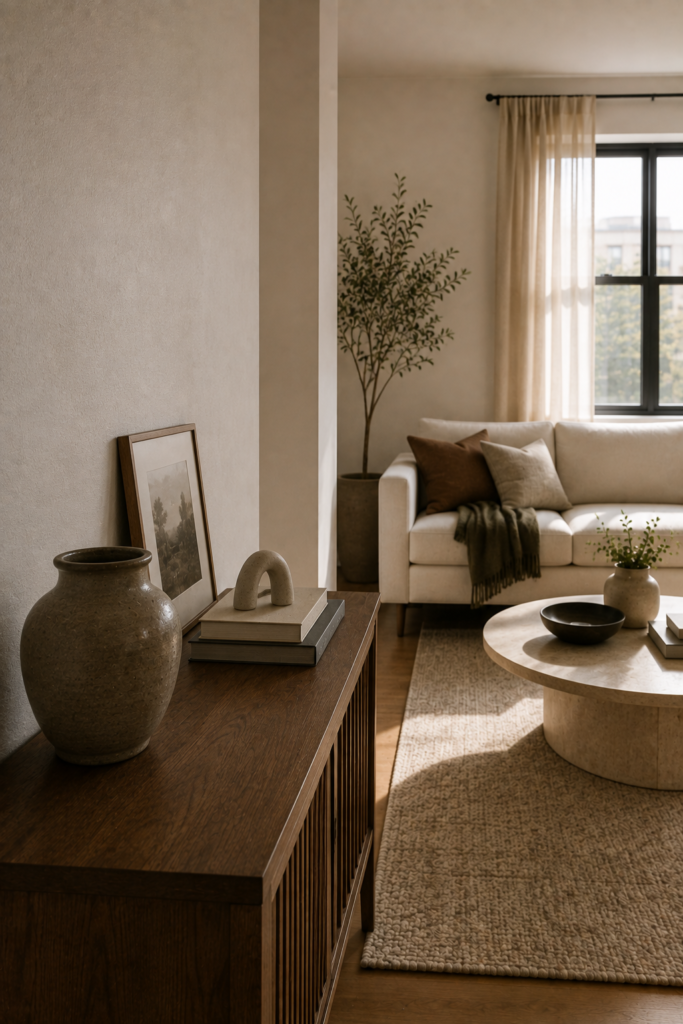 Small apartment living room with a walnut console styled with a ceramic vase, art books, framed photograph, and sculptural object.