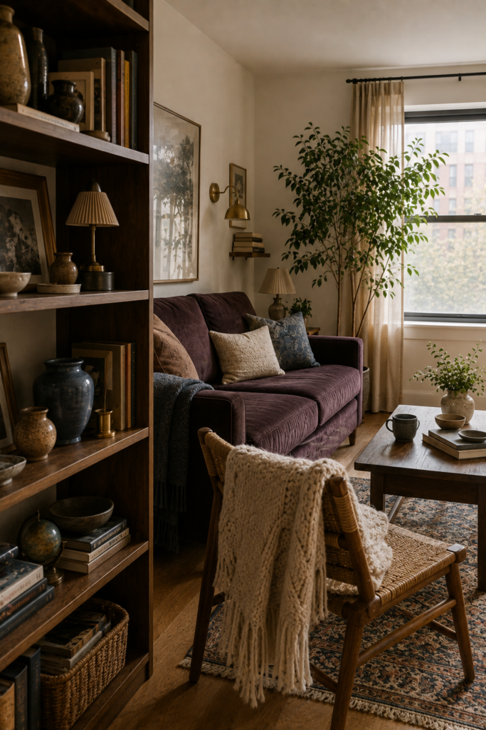 Personalized small apartment living room with a plum sofa, vintage walnut furniture, books, framed photographs, ceramics, and collected decor.