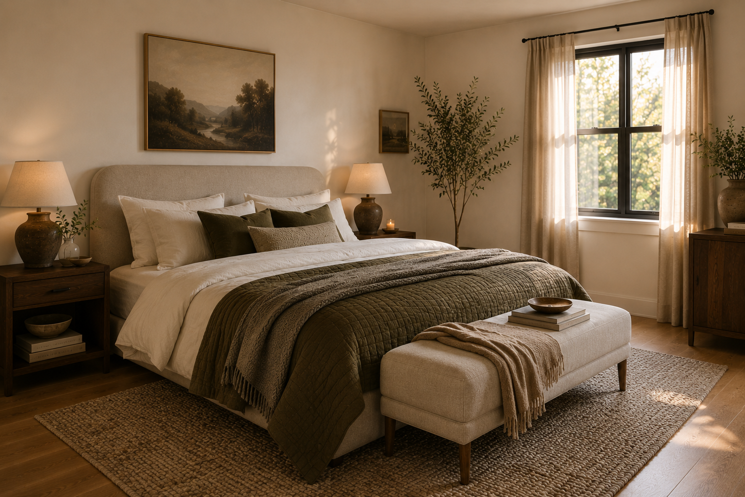 Cozy modern bedroom retreat with neutral linen bedding and a relaxing warm color palette