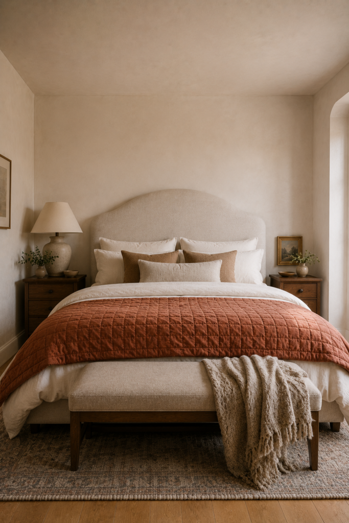 Cozy bedroom centered around a tall upholstered bed with ivory bedding, terracotta quilt, walnut nightstands, and soft natural light.