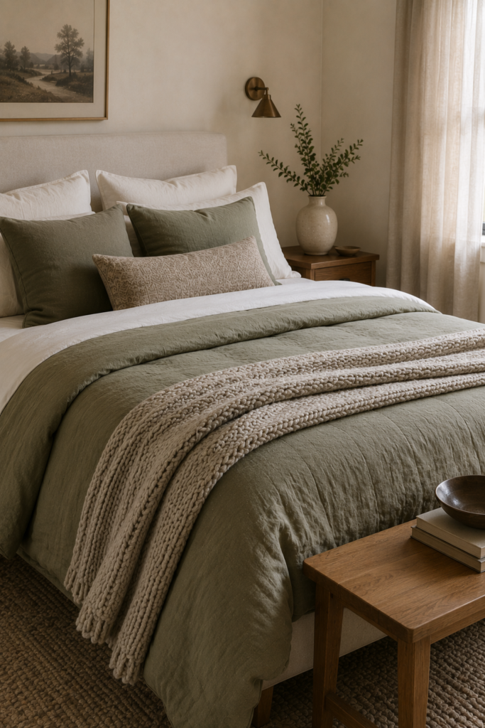 Layered cozy bed with white cotton sheets, sage-green bedding, oatmeal blanket, linen pillows, and natural wood accents.