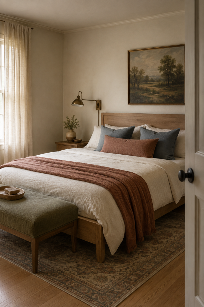 Cozy bedroom decorated in warm white, dusty blue, muted clay, olive green, and natural oak tones.