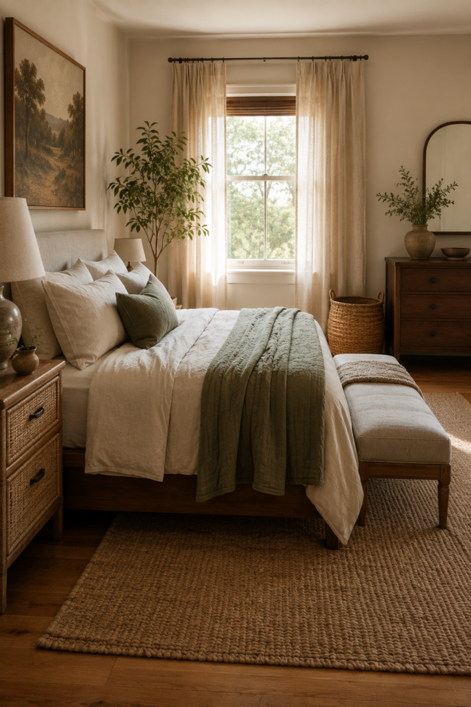Bedroom with walnut furniture, linen bedding, woven accents, jute rug, ceramic lamp, and natural materials.