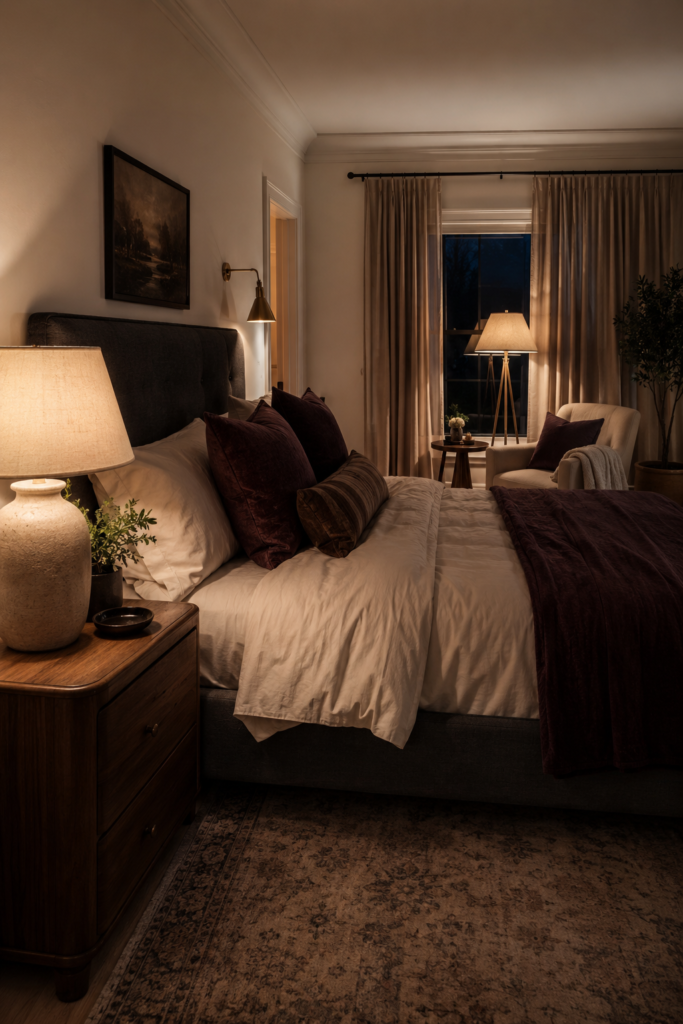 Cozy bedroom at evening with layered lighting from a bedside lamp, wall sconce, and floor lamp.