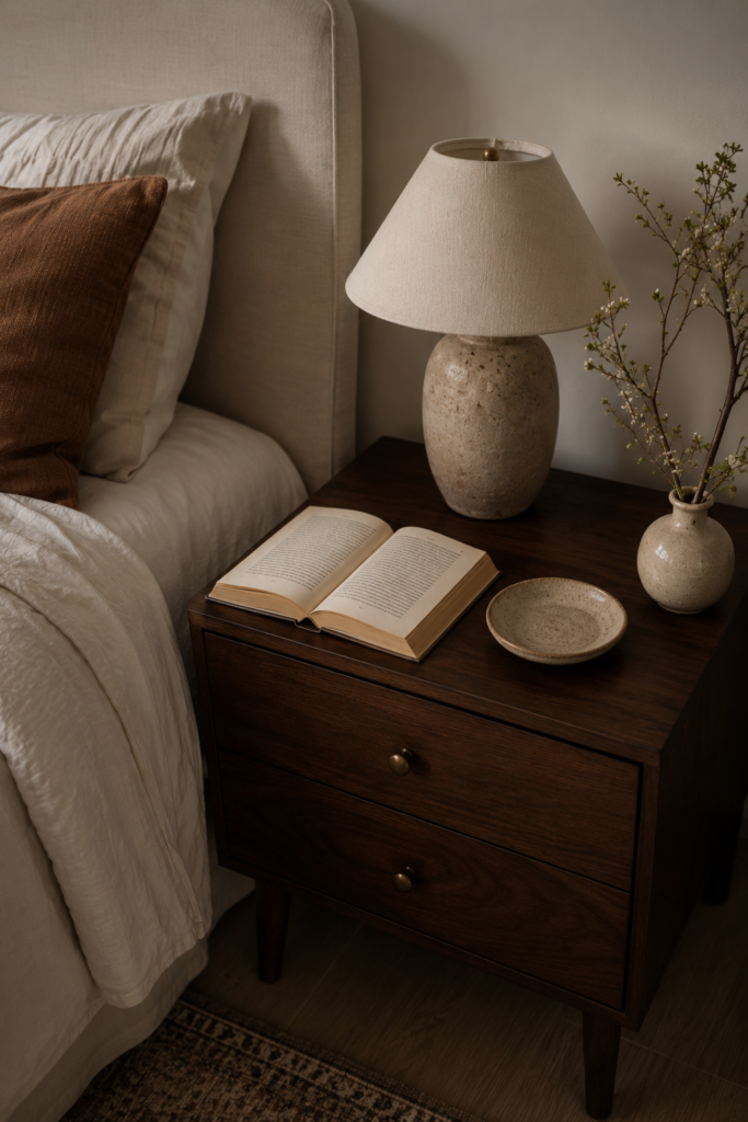 Minimal cozy bedroom nightstand styled with a ceramic lamp, book, small dish, and delicate branches beside a soft upholstered bed.