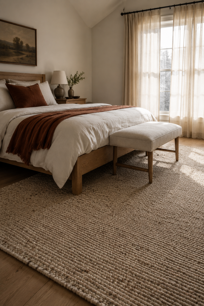 Cozy bedroom with a large textured wool rug layered beneath a natural oak bed and soft neutral bedding.
