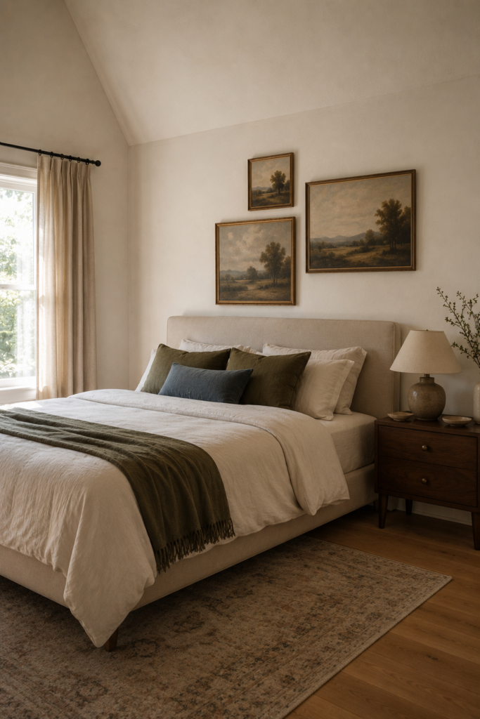 Cozy bedroom with a curated collection of vintage landscape artwork above an upholstered bed and layered bedding.