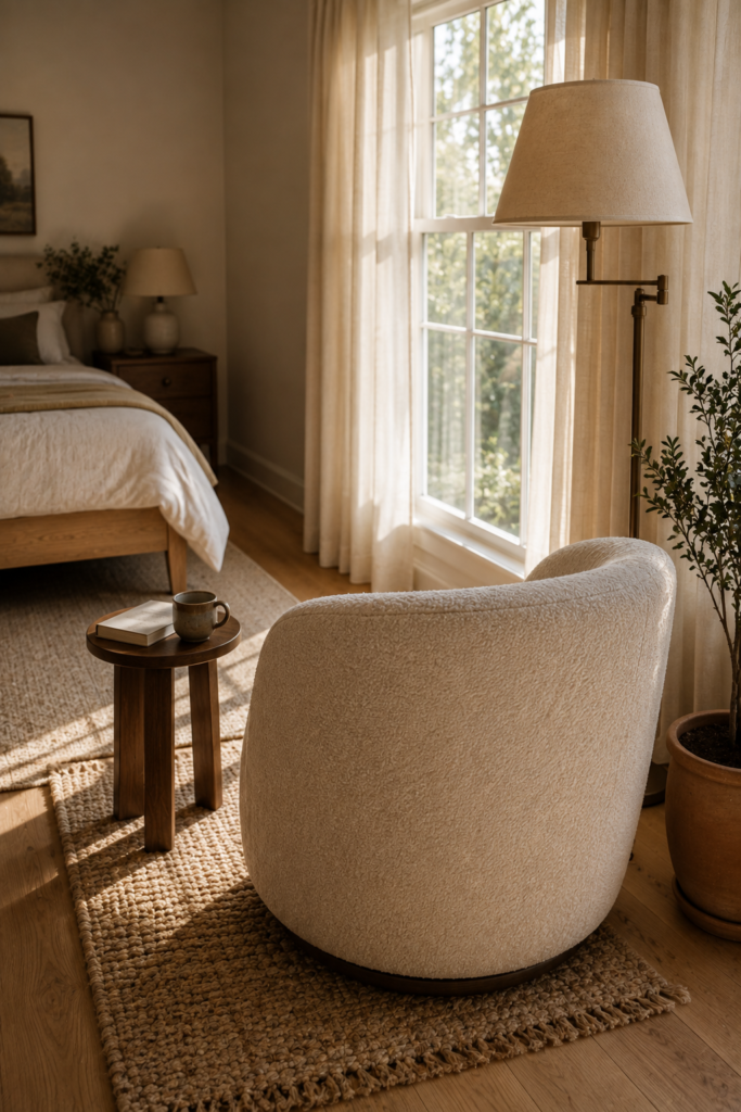 Cozy bedroom reading corner with a curved upholstered chair, walnut side table, floor lamp, plant, and window.
