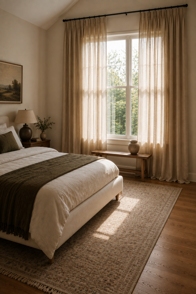 Serene bedroom with full-length linen curtains, an upholstered bed, natural oak furniture, and soft morning light.