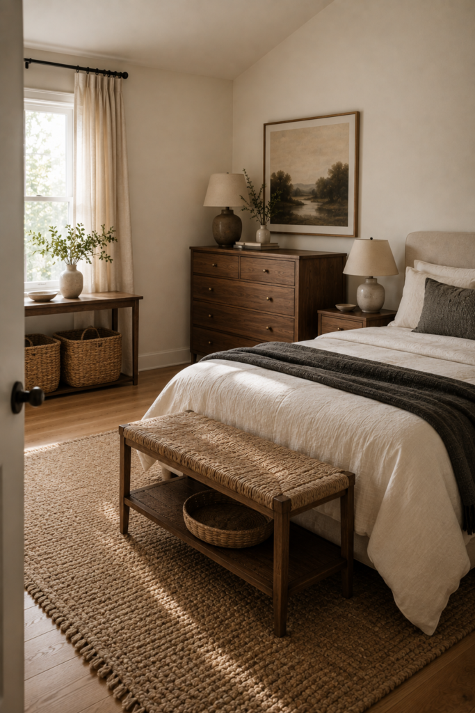 Cozy bedroom with walnut dresser, woven storage bench, baskets, layered bedding, and practical decorative storage.