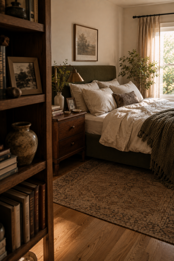Personal cozy bedroom with an olive upholstered bed, relaxed bedding, books, framed photographs, ceramics, and warm natural light.