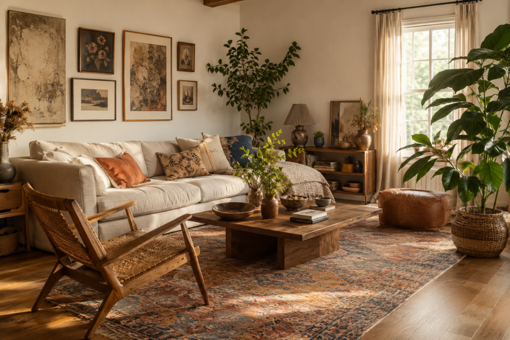 Boho living room decor ideas featuring a plush white sofa, layered textiles, and warm collected styling