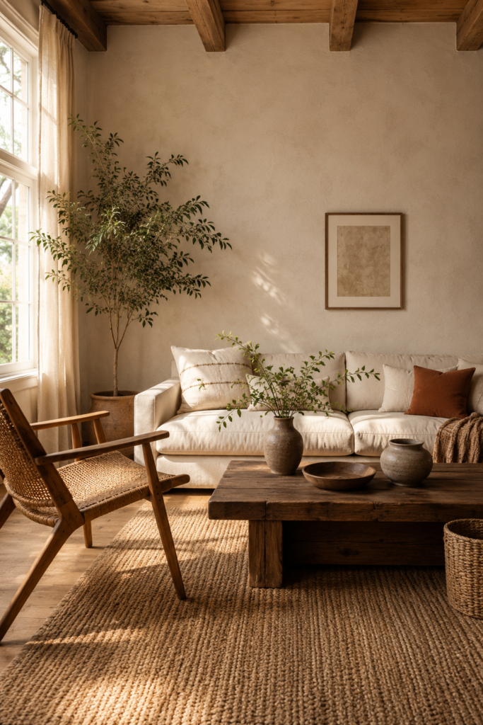 Boho living room with a cream linen sofa, reclaimed walnut coffee table, rattan chair, jute rug, and natural materials.