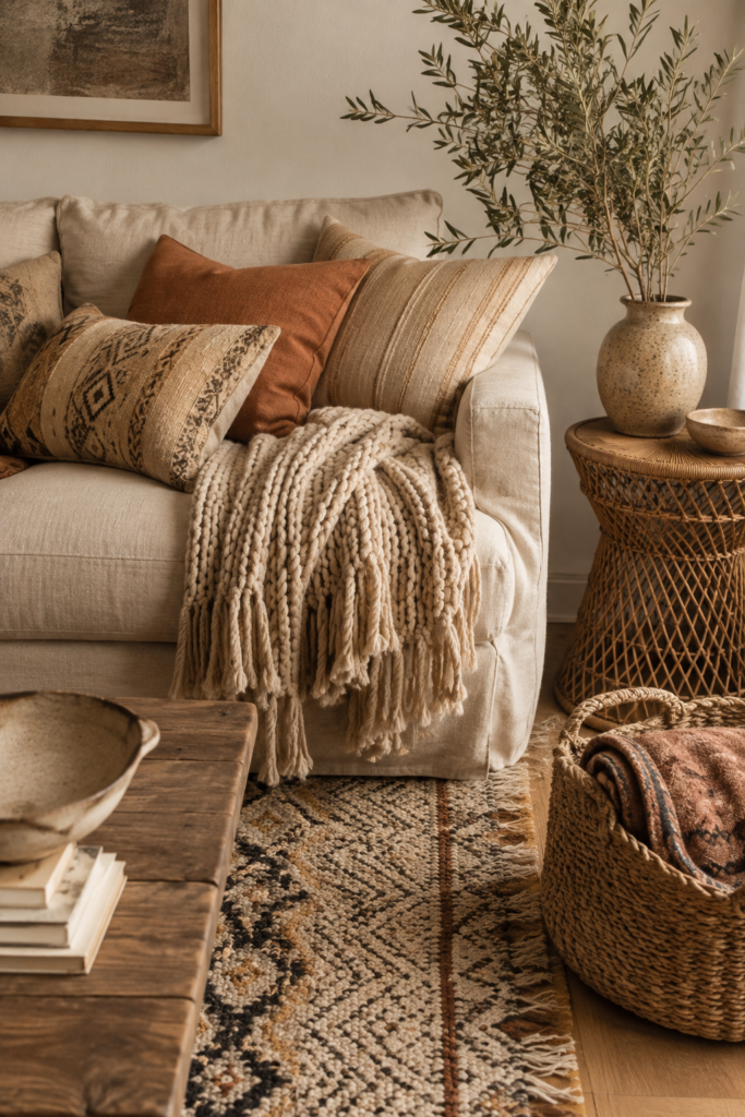 Boho living room layered with linen cushions, a chunky wool throw, woven rug, rattan furniture, and handmade ceramics.