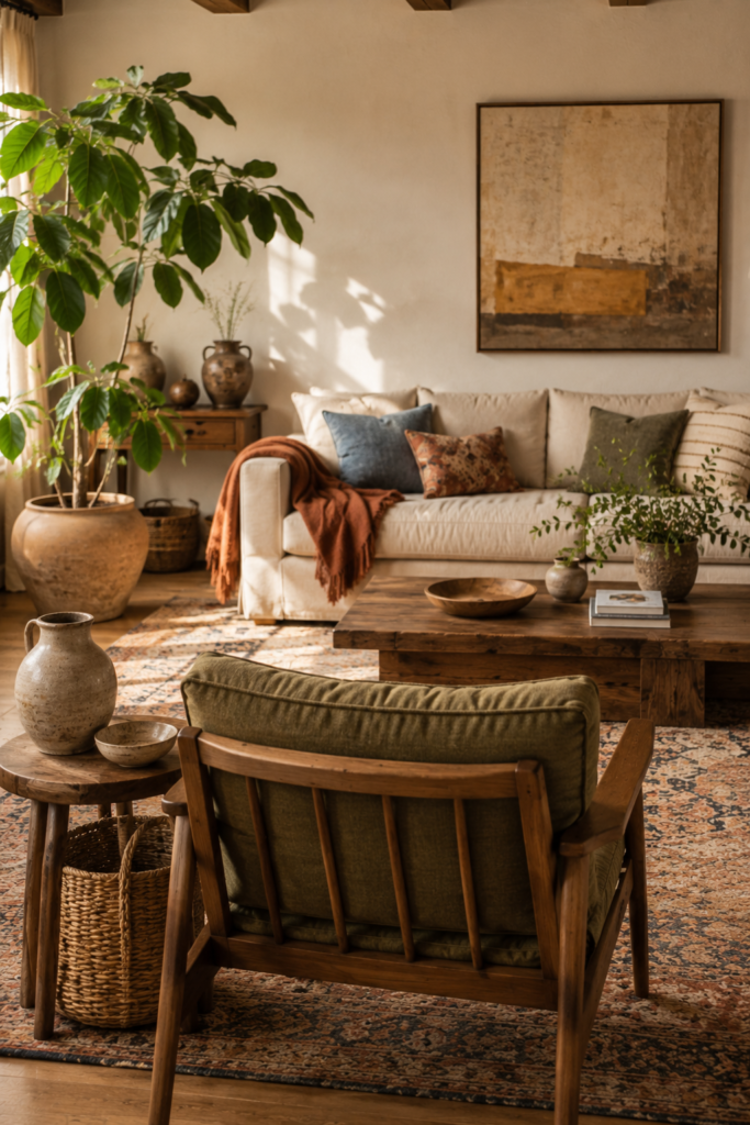 Boho living room combining cream, terracotta, olive, dusty blue, ochre, and natural walnut accents.