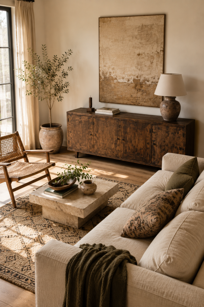 Boho living room featuring a vintage-inspired walnut cabinet paired with modern linen seating, artwork, and natural textures.