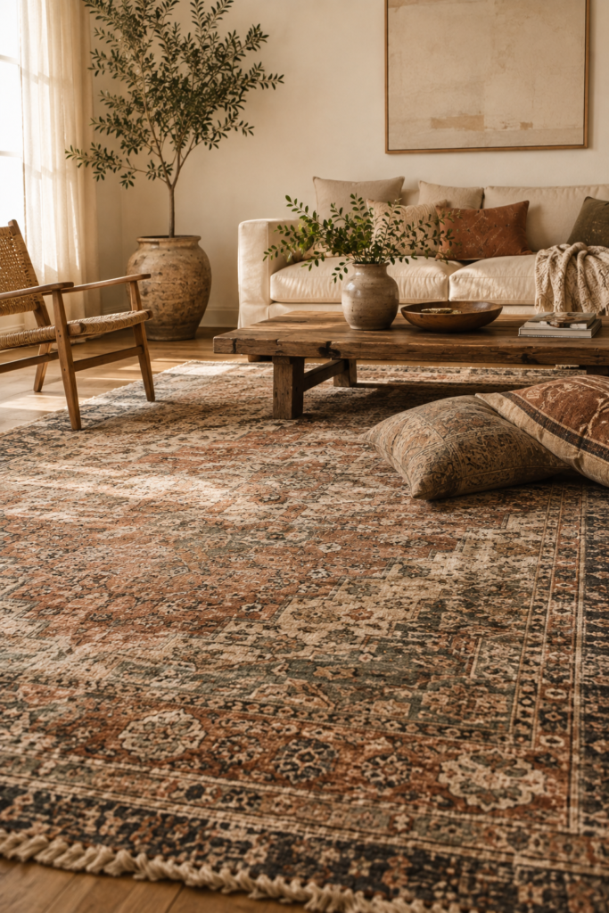 Boho living room anchored by a large faded patterned rug with terracotta, olive, cream, and dusty blue tones.
