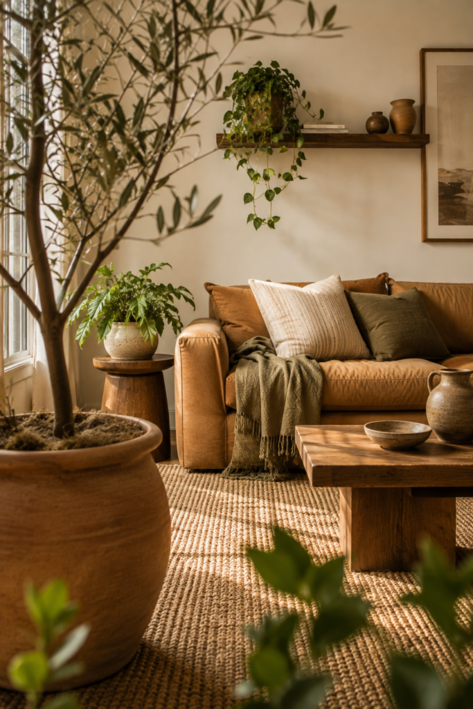 Boho living room with an olive tree, trailing plant, terracotta planters, natural textures, and relaxed linen seating.