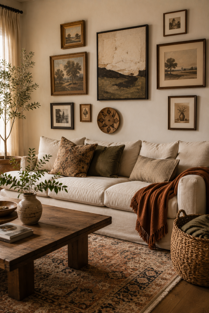 Boho living room with an eclectic gallery wall of vintage prints, abstract art, woven decor, and framed photography.