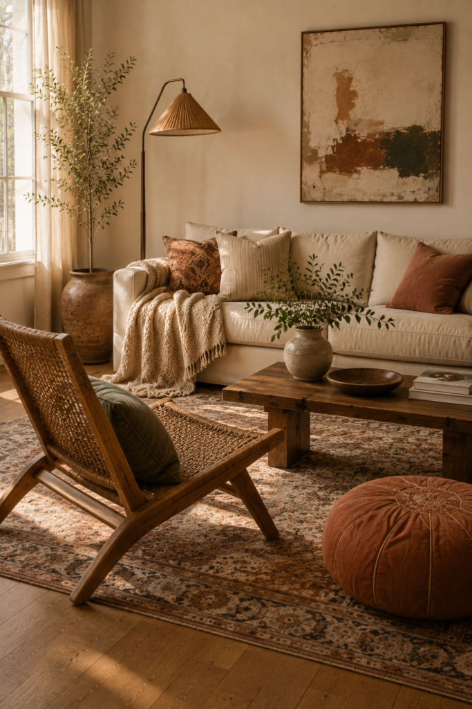 Relaxed boho living room with a deep linen sofa, woven lounge chair, floor cushion, patterned rug, and layered textiles.