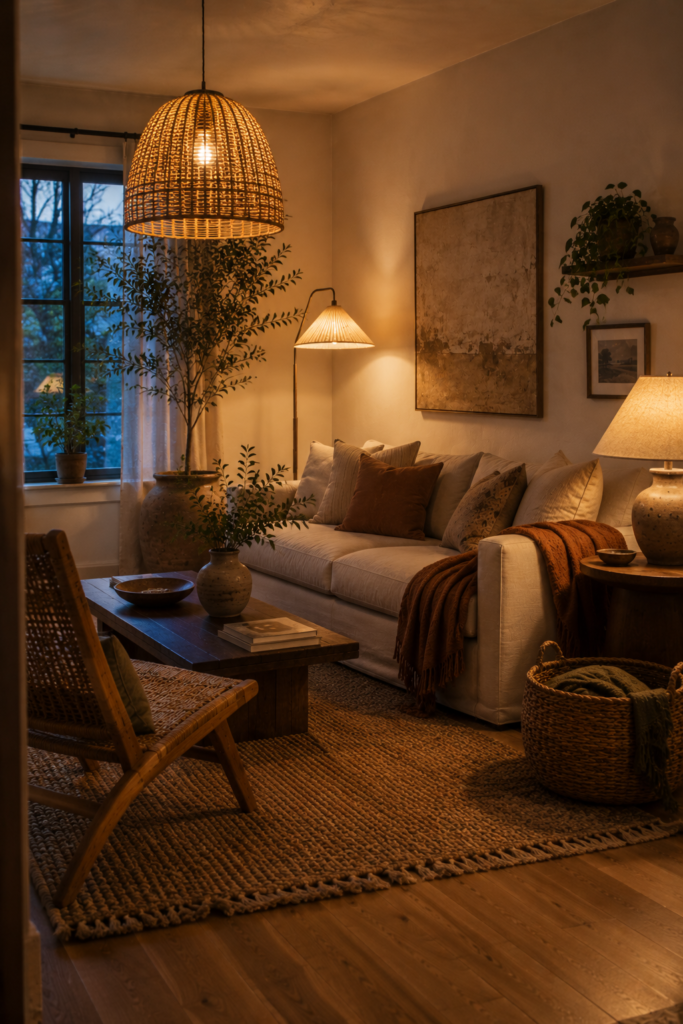 Cozy boho living room illuminated by a woven pendant, ceramic table lamp, and floor lamp during early evening.