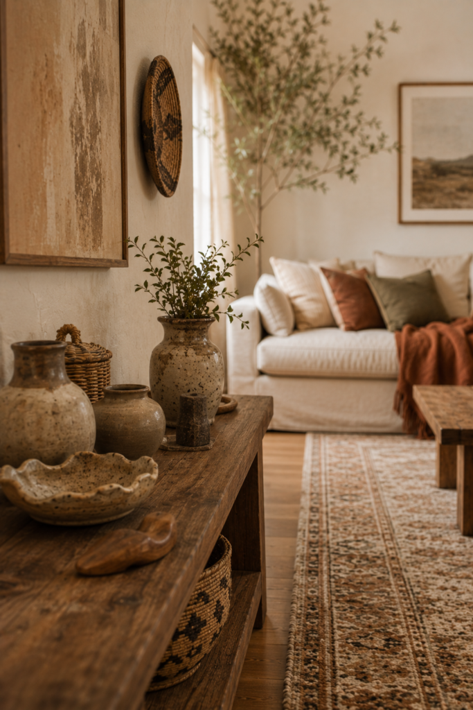 Boho living room console decorated with handmade ceramic vessels, woven baskets, carved wood, and natural materials.