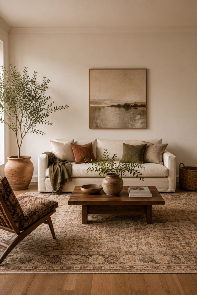 Balanced boho living room with layered textures, natural materials, plants, and decor while maintaining generous open space.