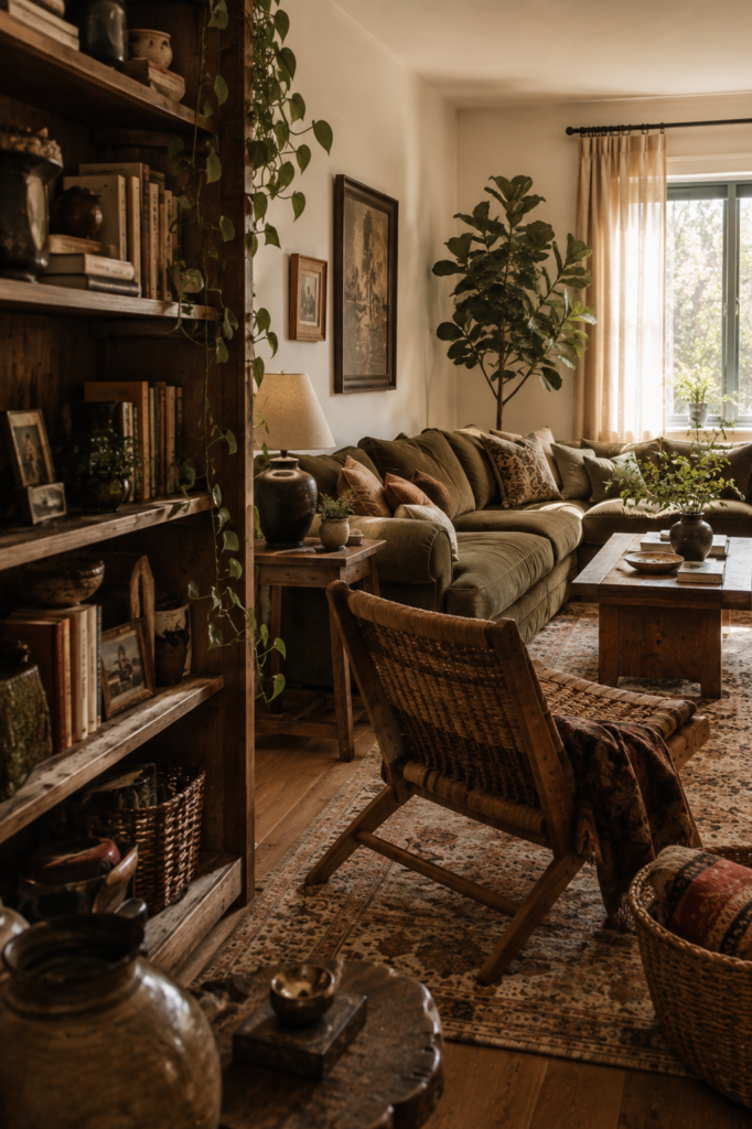 Collected boho living room with an olive sofa, vintage walnut furniture, patterned rug, books, plants, ceramics, and personal objects.