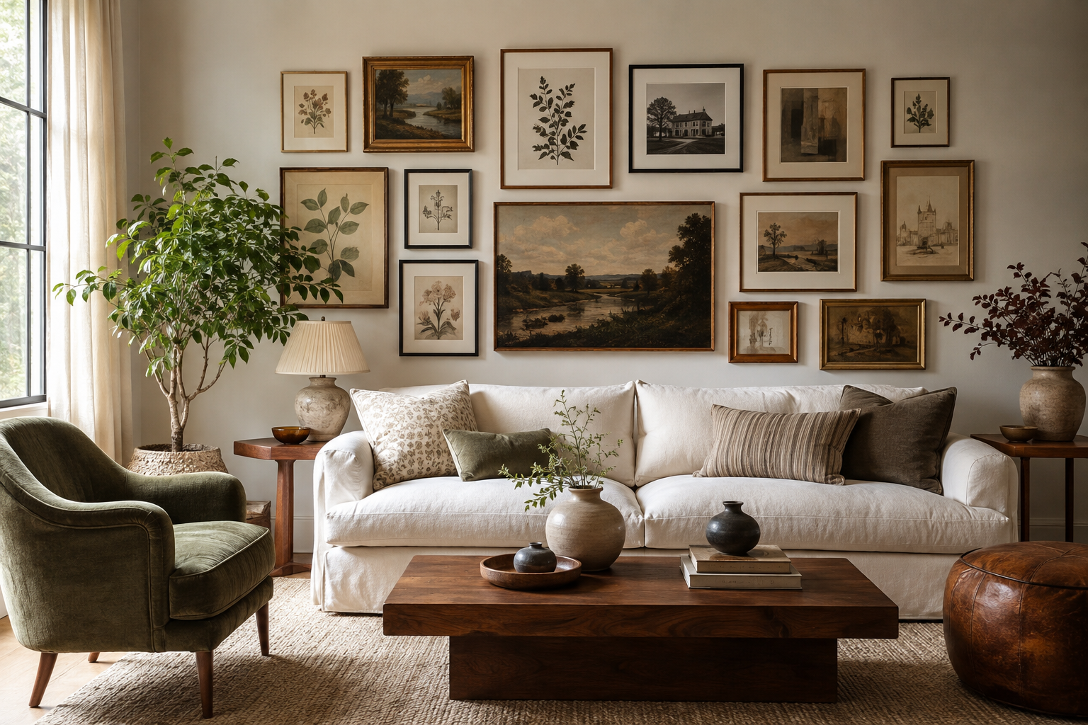 Symmetrical gallery wall design layout over a modern neutral couch with cohesive picture frame spacing