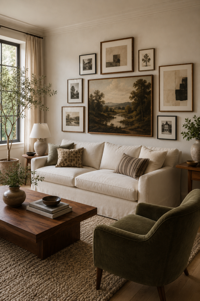 Gallery wall proportioned to a cream sofa in a sophisticated American living room with walnut furniture and neutral decor.