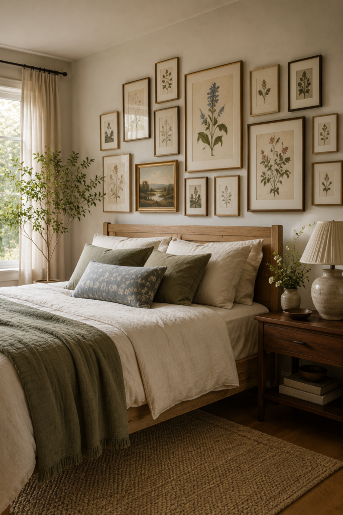 Bedroom gallery wall featuring cohesive botanical prints, nature sketches, and vintage artwork in mixed coordinated frames.