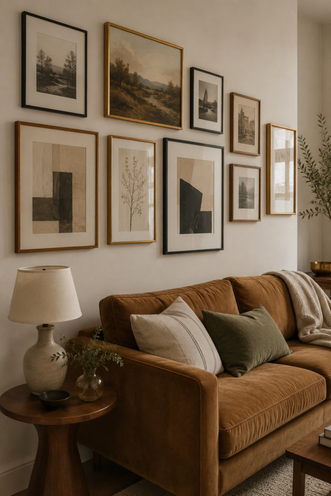 Eclectic apartment gallery wall combining natural wood, black, and aged brass frames with varied artwork.