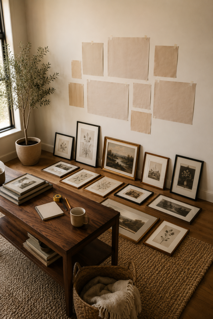 Gallery wall planning setup with framed artwork, paper templates, measuring tools, and a walnut console in an American home.
