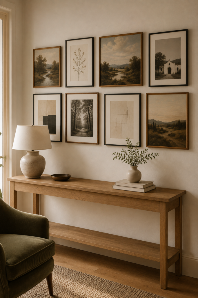 Polished gallery wall with consistent spacing between framed artwork above a natural oak console.
