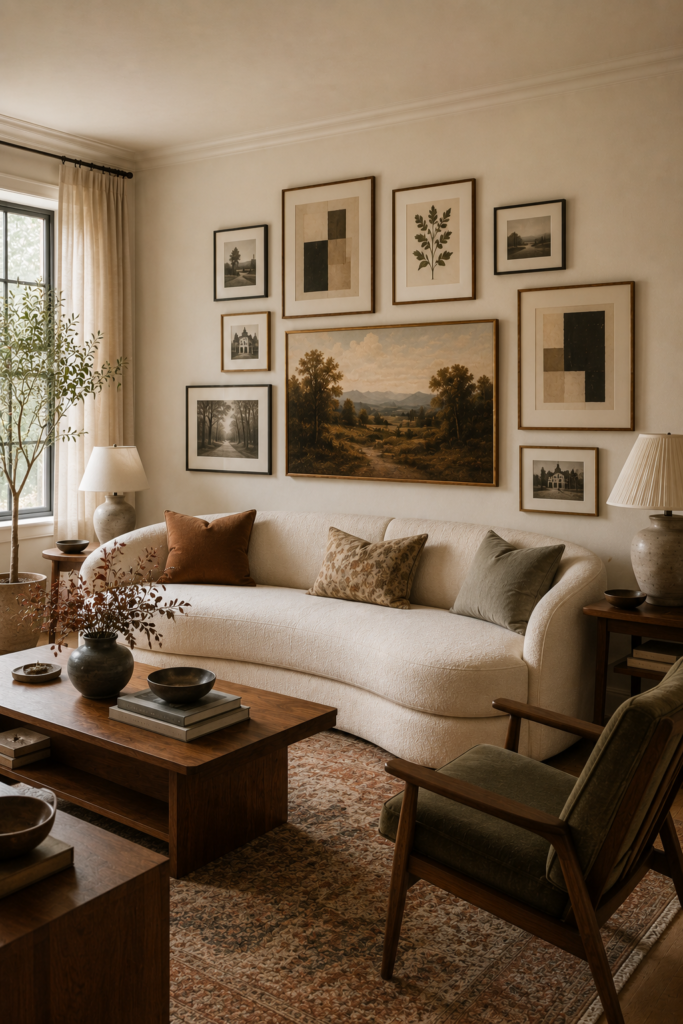 Living room gallery wall mixing large, medium, and small artwork sizes above a cream sofa.