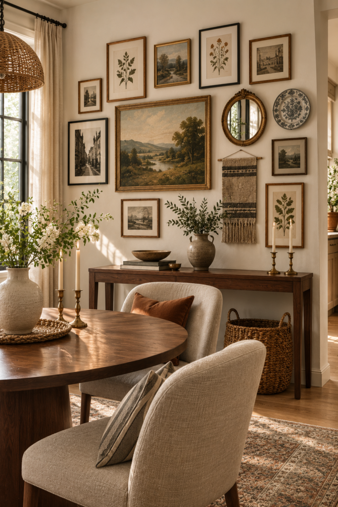 Eclectic dining area gallery wall combining framed art, a vintage mirror, woven textile, ceramic plate, and botanical prints.