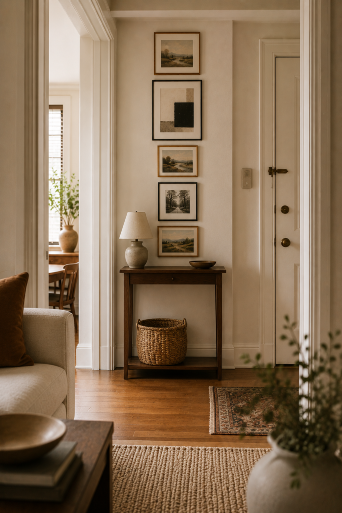 Small apartment entryway with a compact gallery wall above a slim walnut console and practical decor.