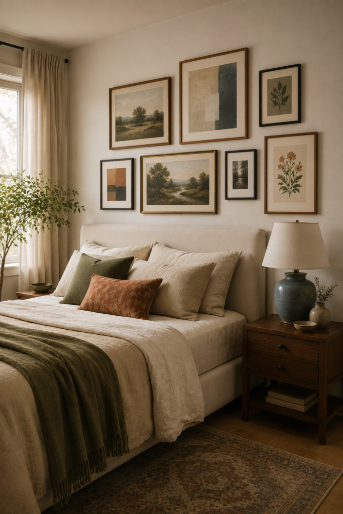Bedroom gallery wall using olive, dusty blue, terracotta, cream, and charcoal tones repeated through the bedding and decor.