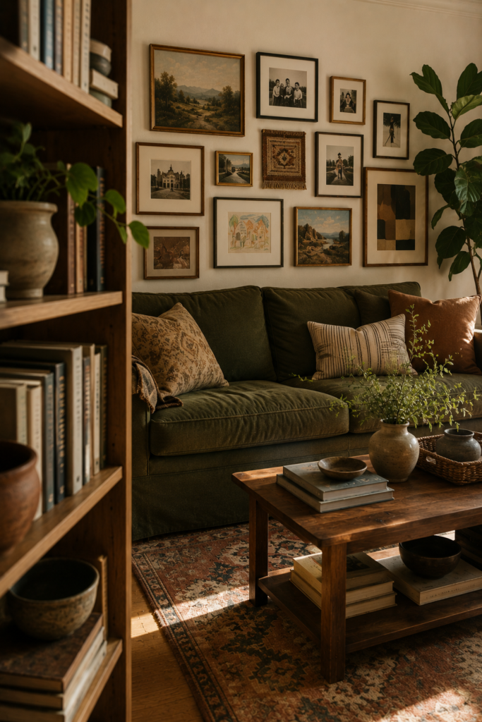 Personal American living room with a collected gallery wall featuring family photographs, vintage landscapes, travel art, and mixed frames.