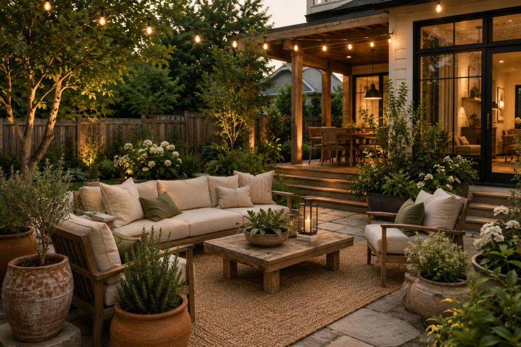Cozy backyard seating arrangement featuring comfortable outdoor furniture, string lights, and patio decor