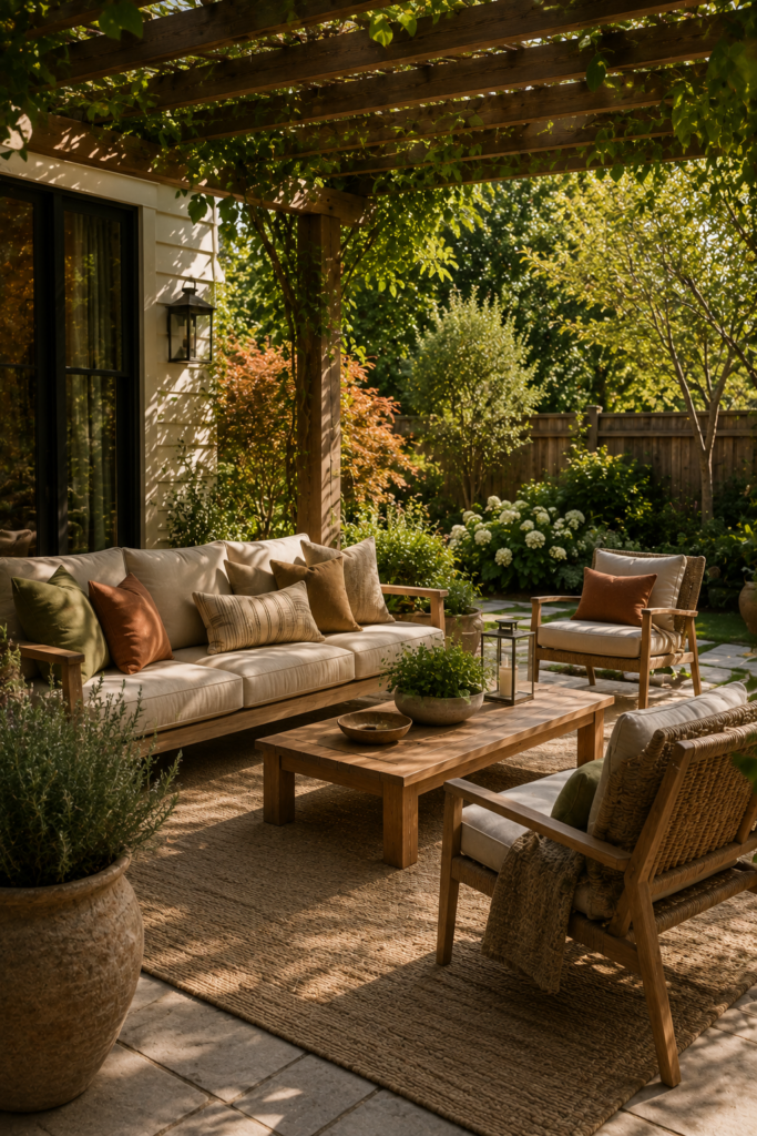 Cozy backyard seating area with an outdoor sofa, woven lounge chairs, teak coffee table, rug, and greenery beneath a pergola.
