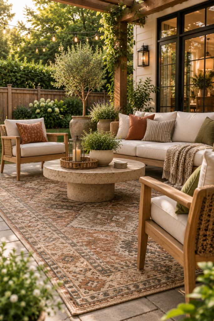Backyard seating area anchored by a patterned outdoor rug beneath a cream sofa and natural wood chairs.