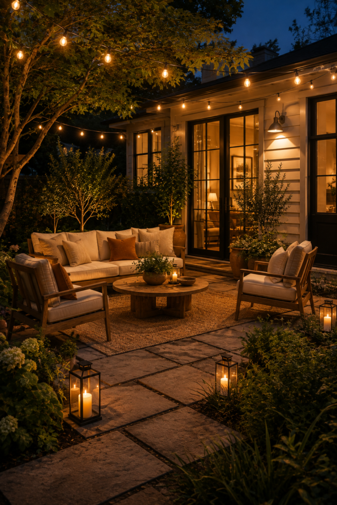 Cozy backyard at blue hour with warm string lights, lanterns, outdoor seating, greenery, and glowing house windows.
