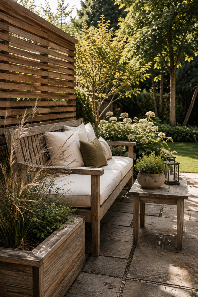 American backyard featuring a weathered teak bench, cedar privacy screen, natural stone, ornamental grasses, and warm wood textures.