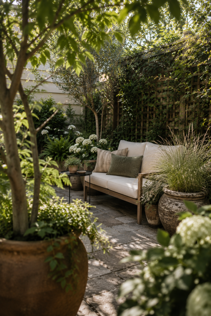 Small cozy backyard filled with layered greenery, olive trees, ornamental grasses, ceramic planters, and a compact seating area.