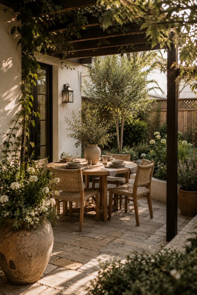 Small backyard dining area with a round teak table, woven chairs, greenery, and a simple pergola.